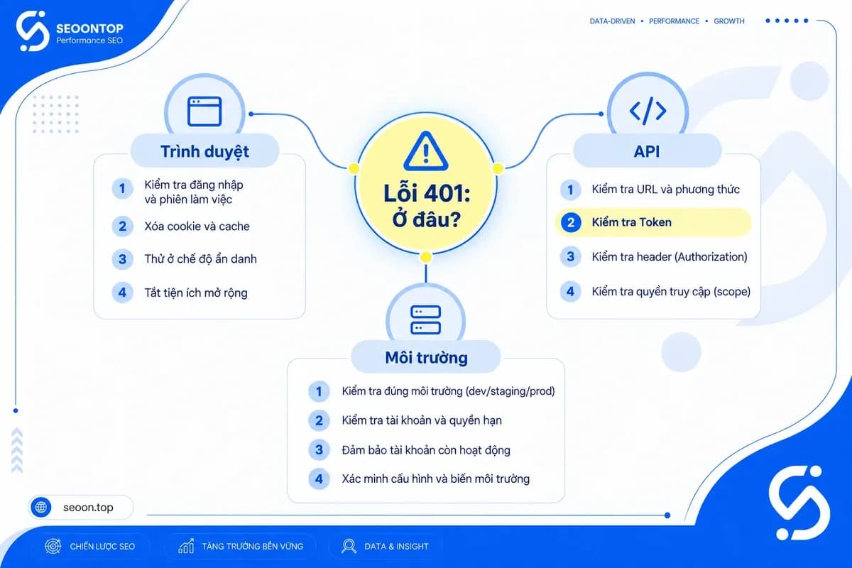 Sơ đồ chẩn đoán lỗi 401 theo trình duyệt, API và phạm vi ảnh hưởng.