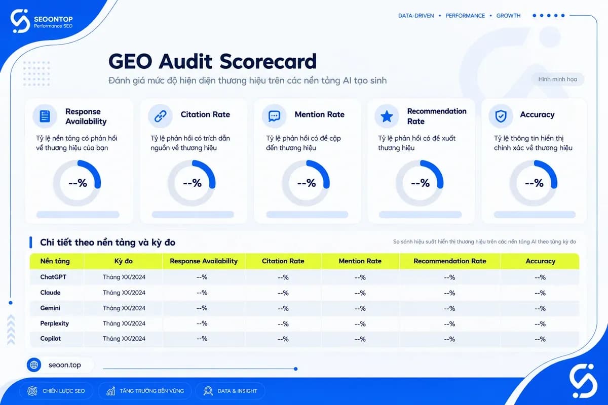 Scorecard GEO audit với các chỉ số được tính riêng
