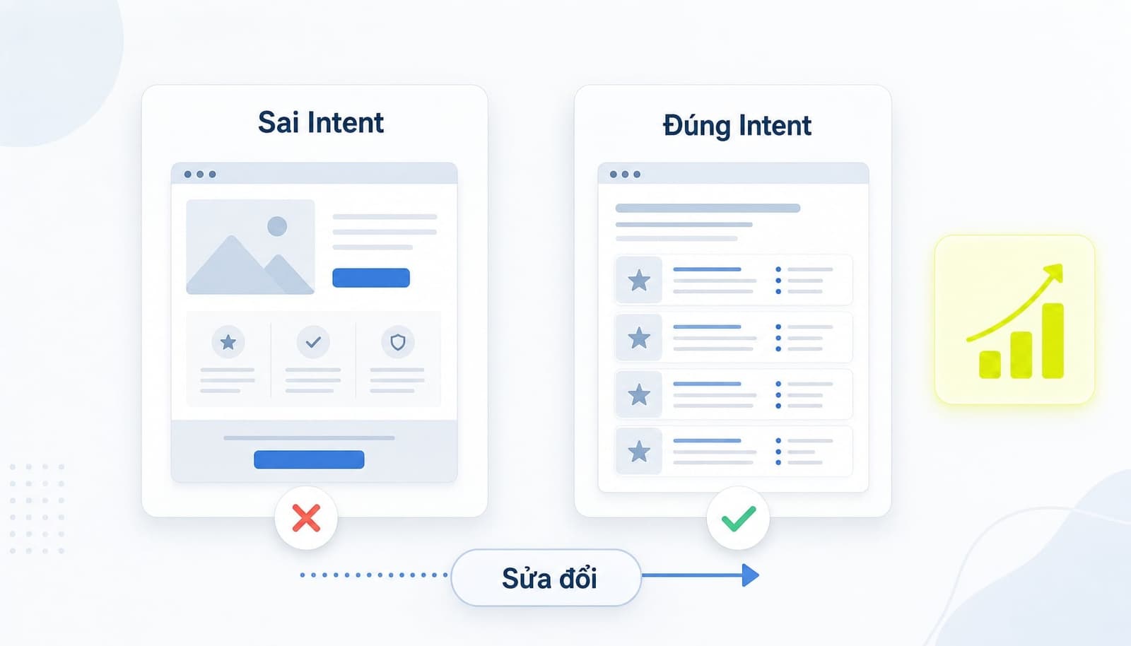Bảng before vs after so sánh sai intent và cách sửa bằng content phù hợp hơn với SERP